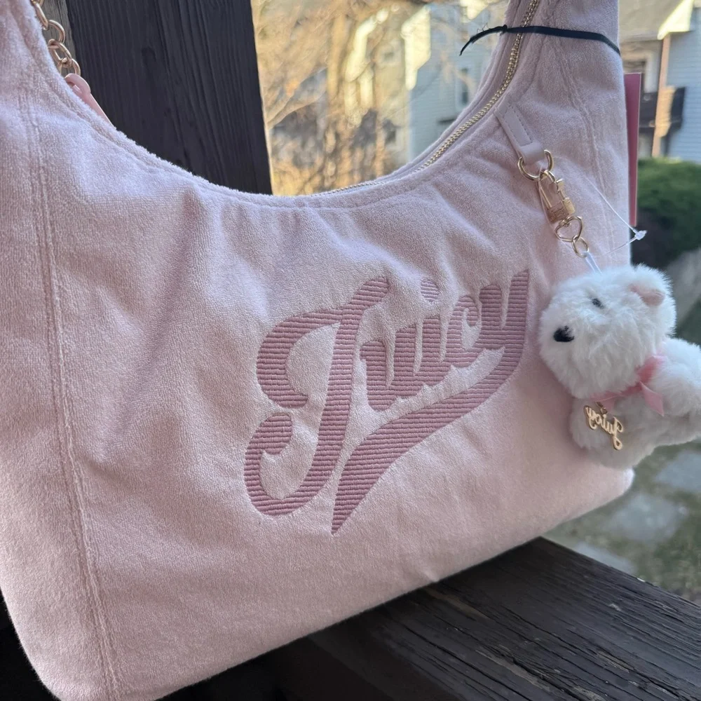 Juicy Couture Light Pink Hobo Bag with Plush Bear Charm